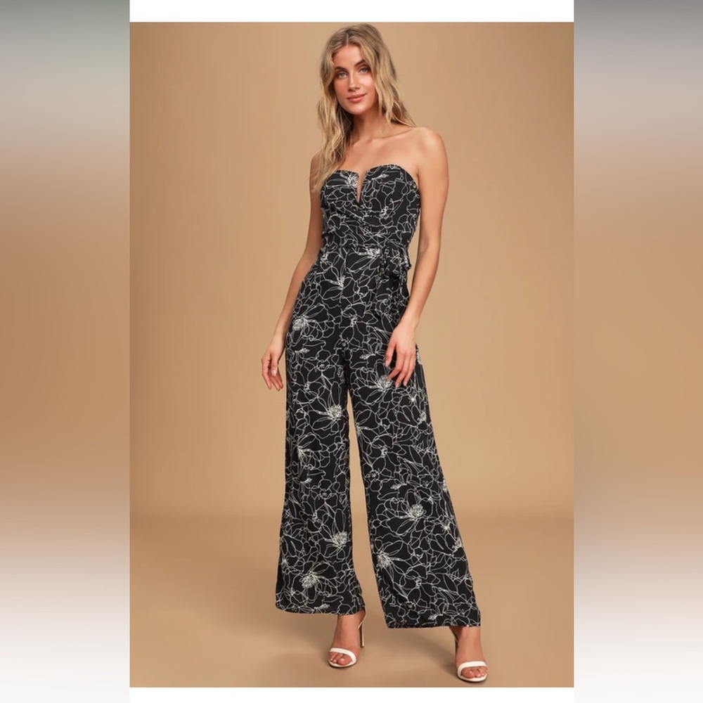 NWT Lulu’s Dancing in the Dark Black and White Print Strapless Jumpsuit